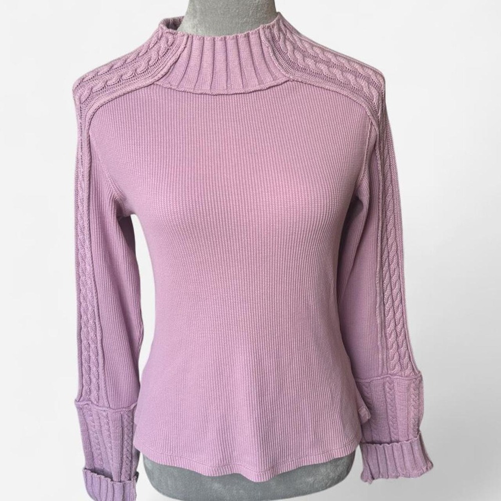 We The Free Lilac Pink Cable Knit Trim Mock Neck Waffle Long Sleeve Top Small